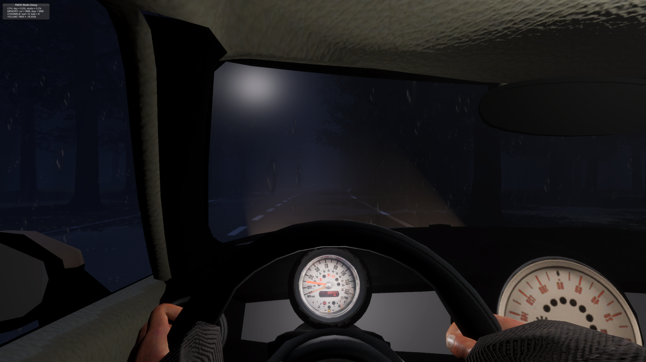 A night drive through heavy rain on the road to Lornwick